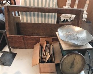 Carpenter tool box, scale, tin bowl