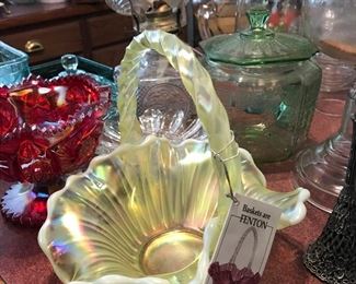 New Fenton Basket - no chips, Depression glass Bisquit Jar, Red and blue glass