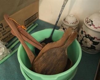 Butter Paddles primitives, spoons, vintage green mixing bowls