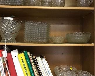 If you need snack trays, we have them, ice bucket and cups to go with trays.  Love the pressed glass patterns.  Cookbooks also