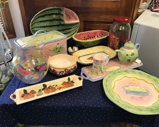 Look at the covered ceramic bread box,  Watermelon bowl and platter set.  All very whimsical