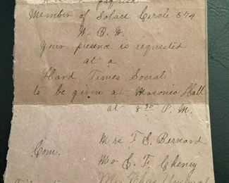 Year 1902 note of invitation to a ‘Hard Times Social’ at the Masonic Lodge ....Could have been sent today 
(In the regional photo album)