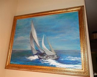 $100     Gold gilt framed Sailing boat painting 