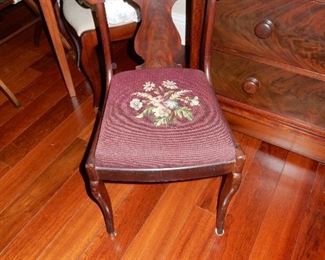 Antique mahogany chair with needlepoint upholstered seat 