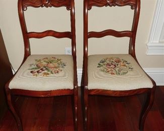 Antique mahogany chairs with needlepoint upholstered seat