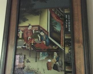 VINTAGE ASIAN CHINESE REVERSE PAINTING ON GLASS FRAMED.