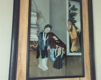 VINTAGE ASIAN CHINESE REVERSE PAINTING ON GLASS FRAMED
