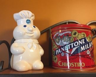 Pillsbury Cookie jar and Panettone tin.