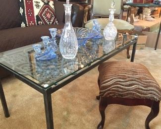 Glass coffee table and huge selection of crystal and fine glassware.