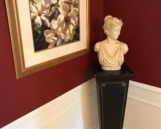 Ivory bust on pedestal and beautifully framed art work 