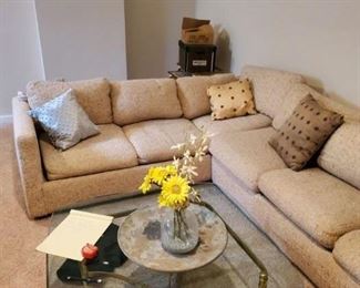 Vintage sectional.  Longer half is sleep sofa! Made by Rowe. 95 on longer side. 38 deep. Good condition.  $225
Glass top  table. Maker unknown.  Brass base. 40 inch square glass top.  $115