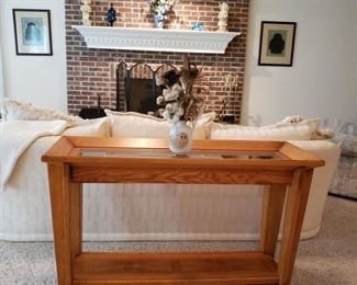 Oak console table with glass top insert