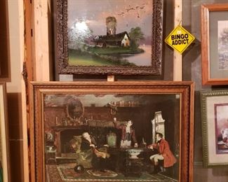 Another antiques reverse painting on glass and a framed print