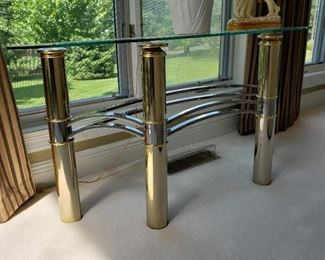 Brass and chrome glass top console table, glass as is