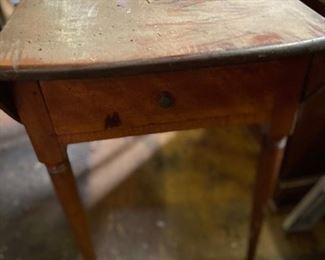 Antique Drop Leaf table with 1 drawer                           17”w with sides down x 37.5”l, leaves each    	   	             measure 9.75” – almost round when open     $125