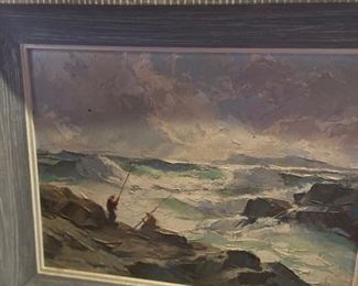 “Surf Fishing” signed A.J. Shelton, (1905-1976)  Lived/Active in Maine, Emigrated from England             Oil on Board, framed 16.5”h x 20.25”w, 	  	 		      unframed 11.5”h x 15.5”w     $150
