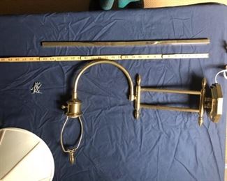 Pair brass wall mount swing arm sconces, plug into outlet; 23 in long when fully extended and 17 in high including the finial; come with covers for the cords (possibly could be hardwired?) Asking $80 the pair
