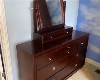 DRESSER WITH MIRROR BY YOUNG AMERICA
56”L x 18”D x 33”H 
67” HEIGHT WITH MIRROR 
$140