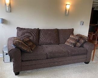 CHOCOLATE BROWN UPHOLSTERED 3 PILLOW SOFA COUCH
96”L x 45”D x 30”H 
$300
