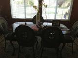 Dining Set w/ 6 chairs - leather seats and metal backs - Thick scroll glass table $750