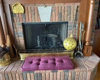 Antique brass bedpan, antique brass fireplace grill, antique brass pail from England