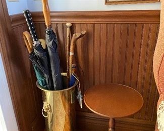 Antique Brass umbrella stand, small antique accent table