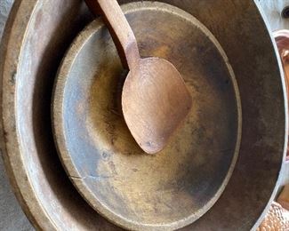 Antique wooden bowls and wooden 