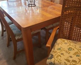 dining room table with chairs, rattan backs