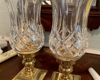 $150 - Waterford Lismore - Pair of crystal and Brass Hurricane candle holders