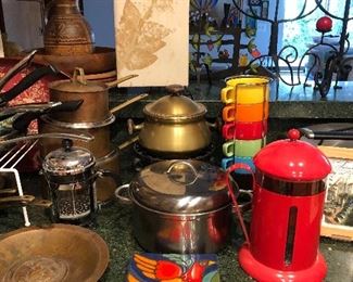 Copper Pots, Assorted Iron Candle Stands, Hand Painted Tiles