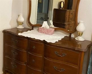 Antique Dresser with Mirror, Pair of Vintage Mid Century White Hobnail Milk Glass Boudoir Bedroom Table Lamps