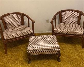 Vintage Rattan Bamboo Patio Style Furniture Two Chairs & Ottoman
