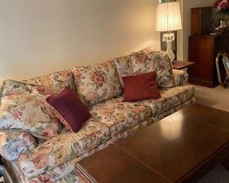 Sofa Sleeper, Oversized Map Table Converted to a Coffee Table with Hidden Leaves and Drawer Wood Inlaid, Crystal Lamps