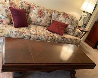 Sofa Sleeper, Oversized Map Table Converted to a Coffee Table with Hidden Leaves and Drawer Wood Inlaid, Crystal Lamps