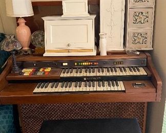 Assorted Desk Organizers, Bread Box & Cutting Board, Porcelain Vase, Bedroom Lamp, Organ with Bench, Anniverssary Mantel Clock