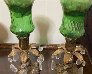 Gold Overlay Candle Holders with Crystal Prisms and Green Glass Votive Cup Holders