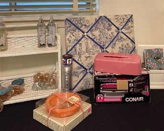 Assorted Office & Desk Supplies, Plastic Kleenex Box Cover, Popurri Candle, Wicker Wall Hanging Shelf