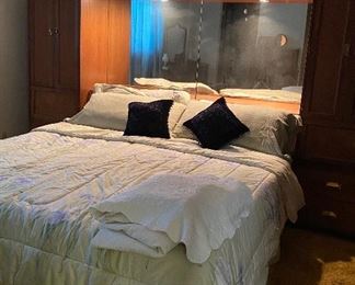 Lighted King Size Bedroom Set with Cabinets and Hidden Bookcase Space, Bedding