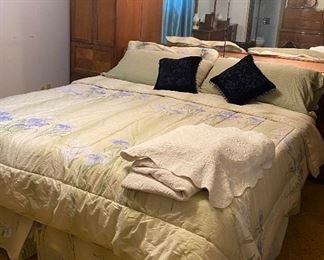 Lighted King Size Bedroom Set with Cabinets and Hidden Bookcase Space, Bedding