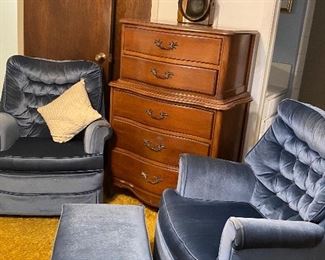 Swivel Rocker Chairs one with Ottoman, Antique Chest of Drawers, Round Makeup Mirror