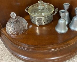 Pewter Candle Holders & Bells Set, Crystal Cheese Ball Dish Lid, Vintage Casserole Glass Dish in Server