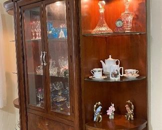 Lighted Oversized Curio Cabinet Three Separate Pieces, Magnolia Swag Wall Décor, Assorted Crystal and Collectibles