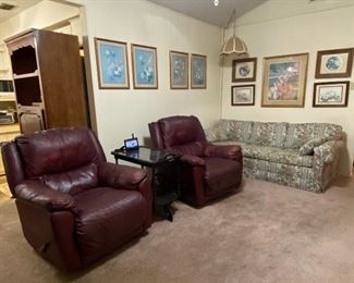 Sleeper Sofa, Assorted Wall Décor, Leather Recliners, Drop Leaf Desk & Bookcase
