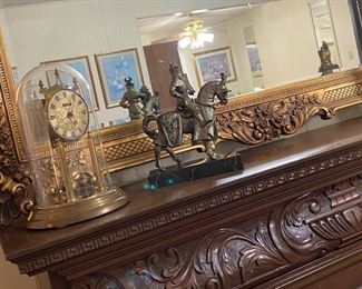 Anniverssary Clock, Knight on Marble Base Décor, Hollywood Regency Mid-Century Gold Mirror