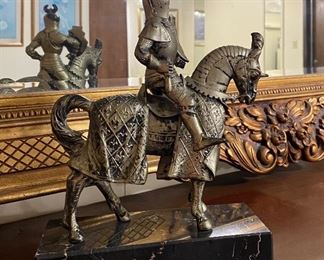 Knight on Marble Base Décor, Hollywood Regency Mid-Century Gold Mirror