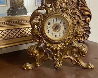 Vintage Victorian Style Wind Up Mantel Clock, Hollywood Regency Mid-Century Gold Mirror