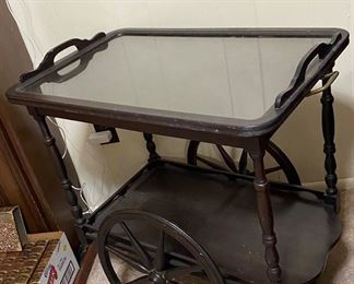 Antique Tea Cart with Removable Glass Serving Tray