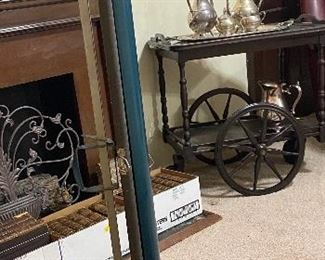 Antique Tea Cart with Removable Glass Serving Tray, Coffee & Tea Service with Creamer & Sugar Bowl with Tray, Radiant Movie Projector Screen
