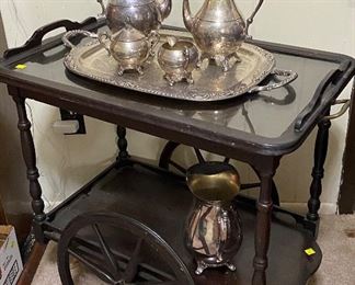 Antique Tea Cart with Removable Glass Serving Tray, Coffee & Tea Service with Creamer & Sugar Bowl with Tray