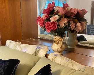 Lighted King Size Bedroom Set with Cabinets and Hidden Bookcase Space, Bedding, Silk Floral Arrangement in Ceramic Pitcher Vase